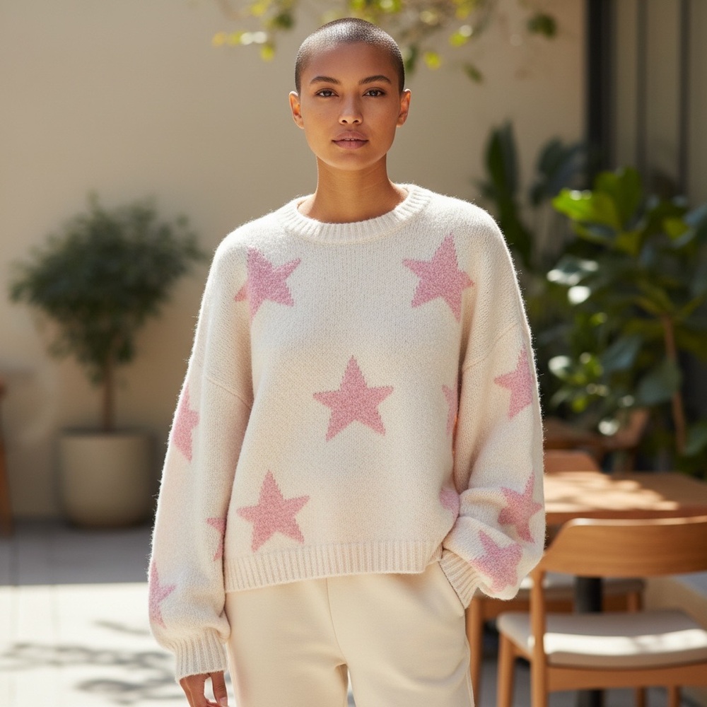 Newbury Kustom Cream and Pink Star Sweater